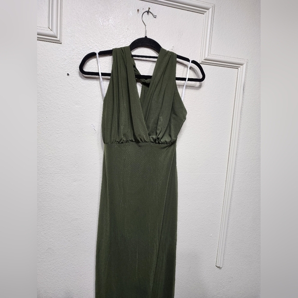 Lulus Celebratory Love Olive Green Mesh Ruched Halter Maxi Dress L Wedding Party - Picture 7 of 10